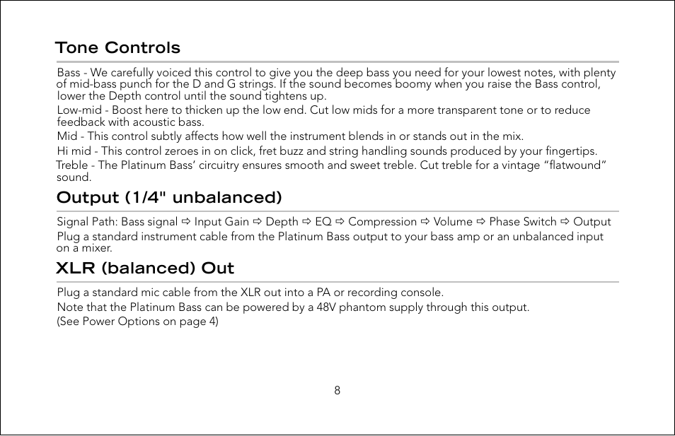 Tone controls, Output (1/4" unbalanced), Xlr (balanced) out | Fishman Pro-Eq User Manual | Page 8 / 16
