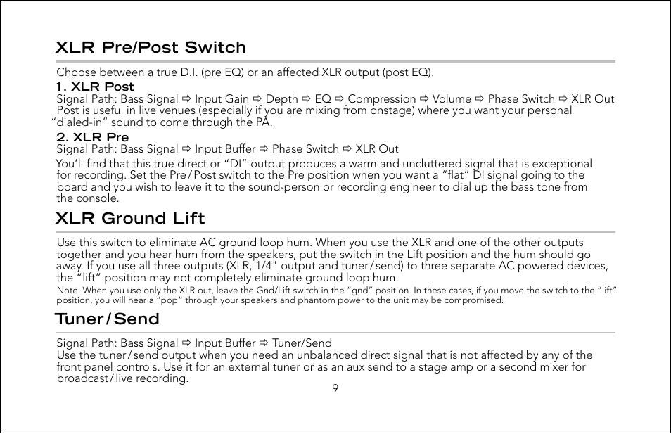 Xlr pre/post switch, Xlr ground lift, Tuner / send | Fishman Pro-Eq User Manual | Page 9 / 16