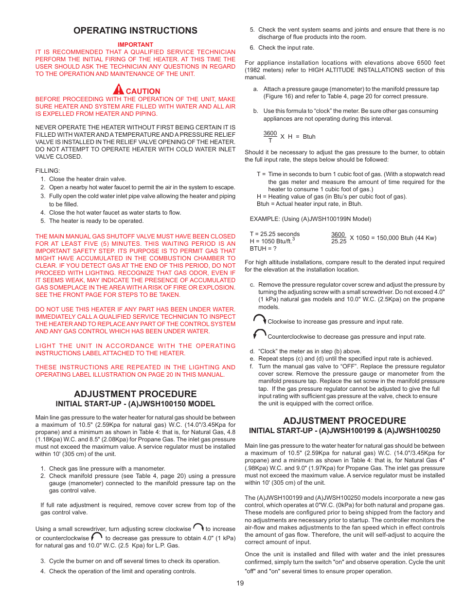 Adjustment procedure, Operating instructions | John Wood SERIES 100 User Manual | Page 19 / 36