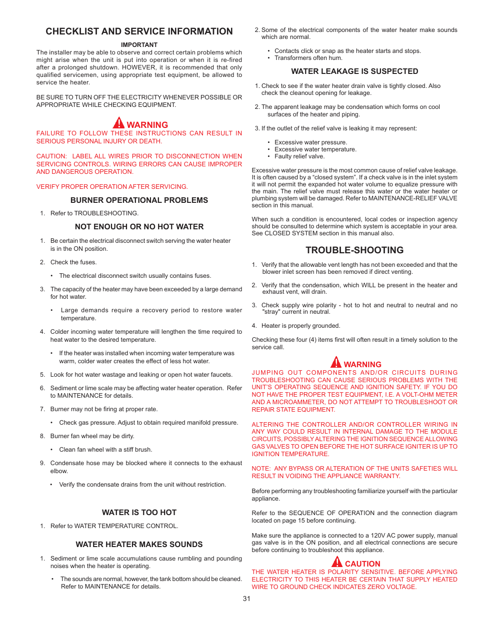 Checklist and service information, Trouble-shooting, Warning | John Wood SERIES 100 User Manual | Page 31 / 36