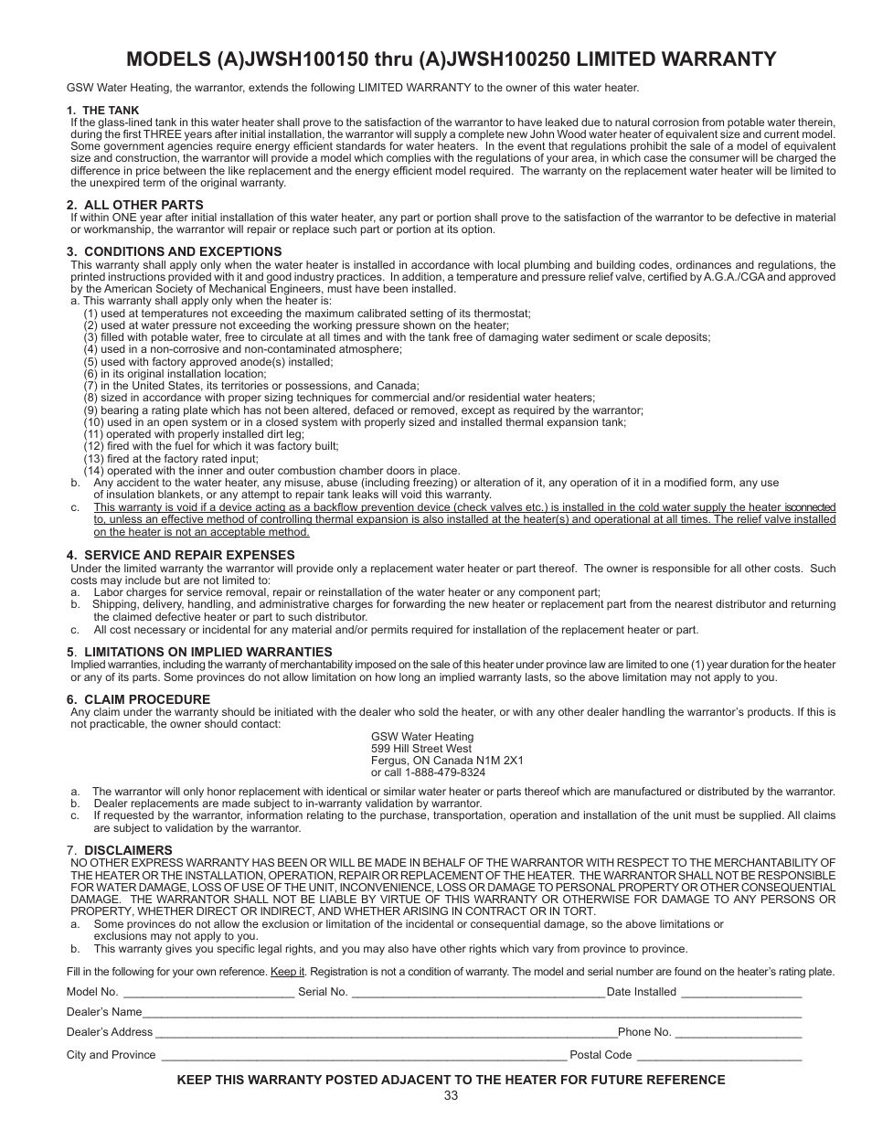 John Wood SERIES 100 User Manual | Page 33 / 36