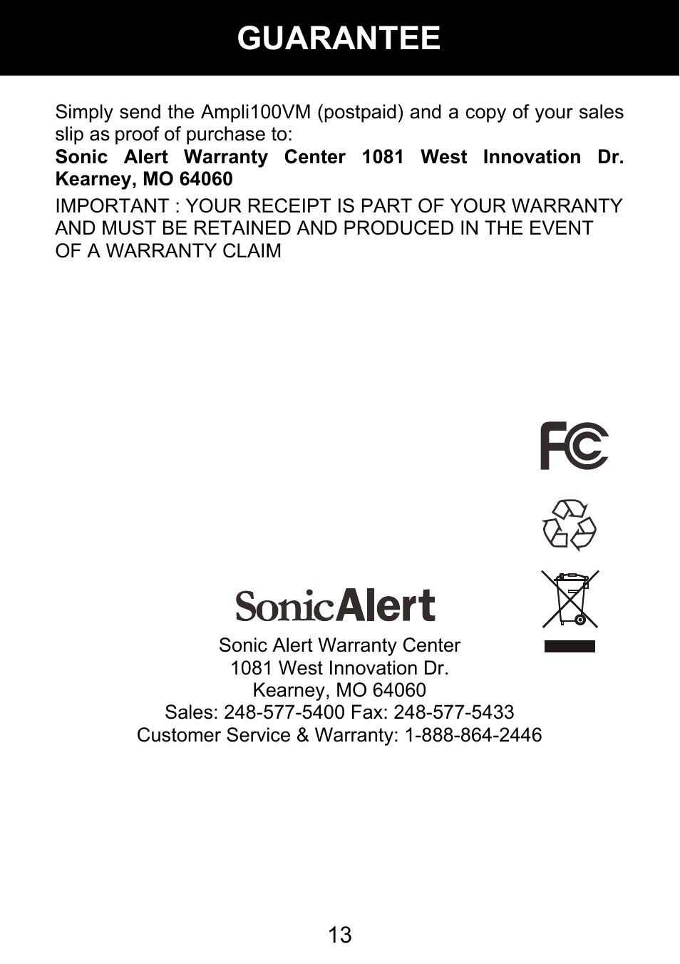 Guarantee | Geemarc AMPLI 100VM User Manual | Page 14 / 40