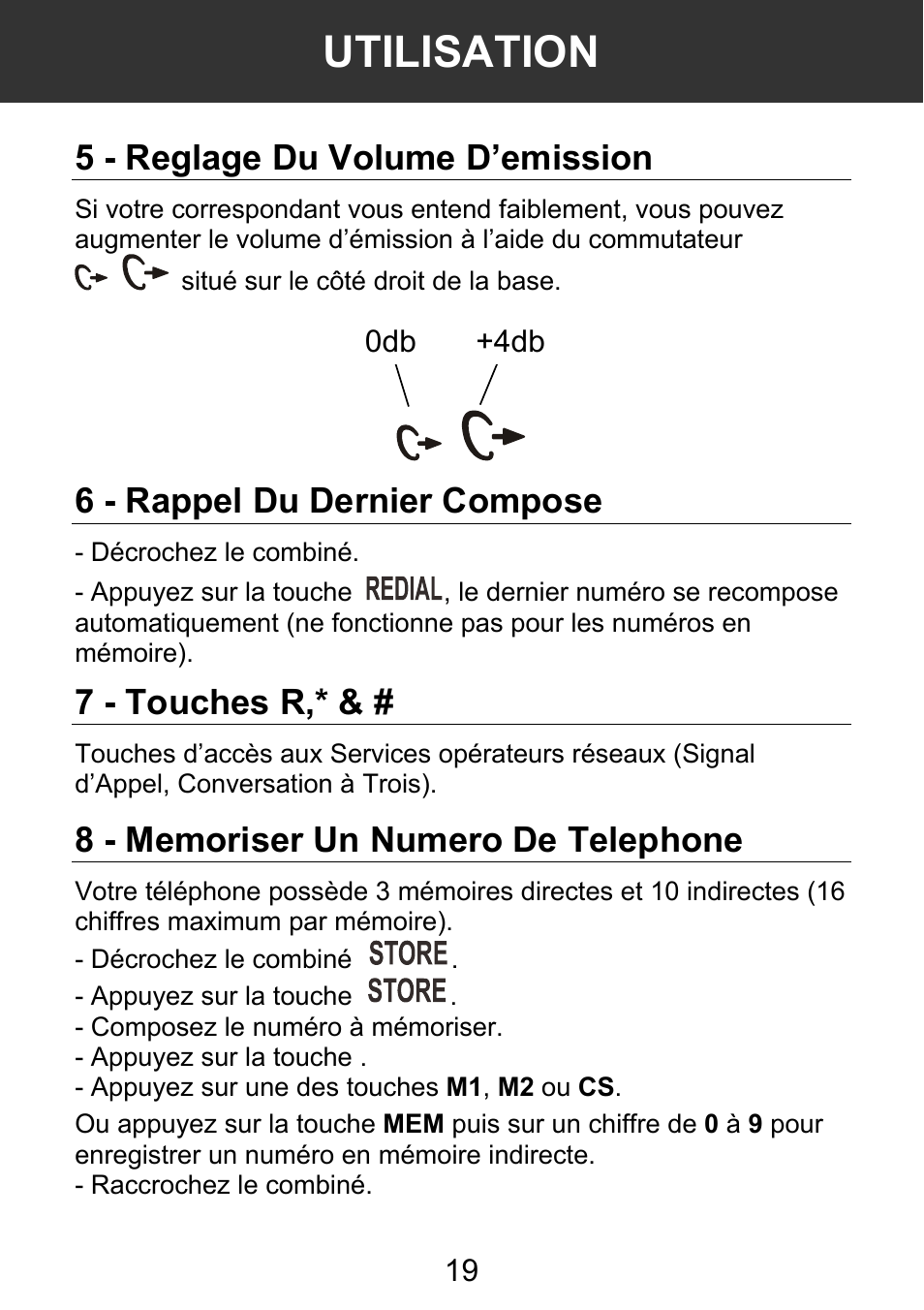 Utilisation, 5 - reglage du volume d’emission, 6 - rappel du dernier compose | 7 - touches r | Geemarc AMPLI 100VM User Manual | Page 20 / 40