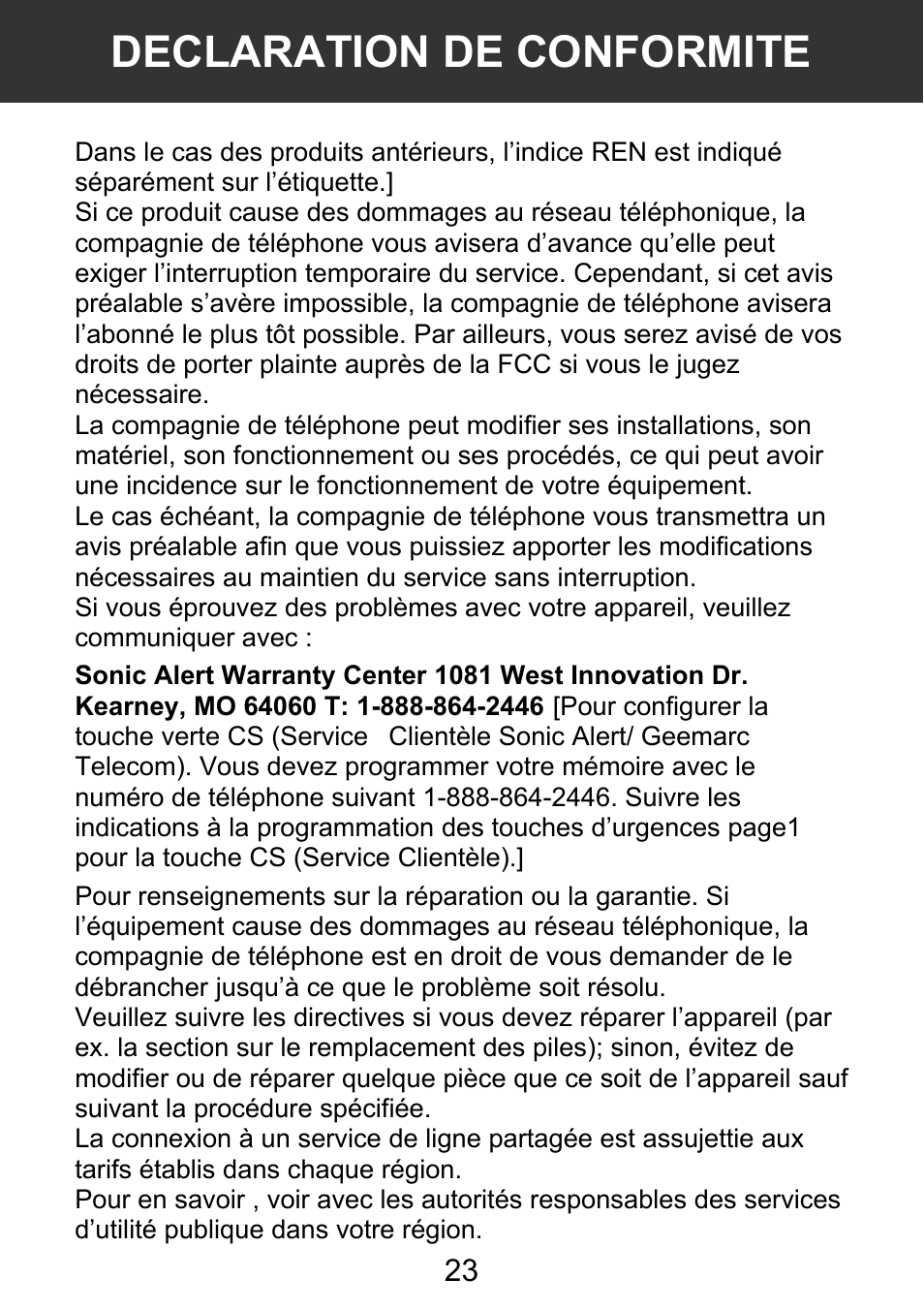 Declaration de conformite | Geemarc AMPLI 100VM User Manual | Page 24 / 40