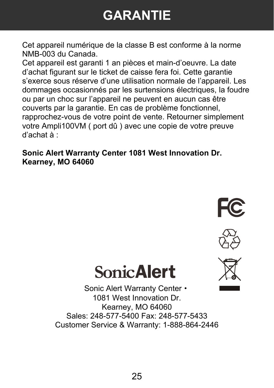 Garantie | Geemarc AMPLI 100VM User Manual | Page 26 / 40