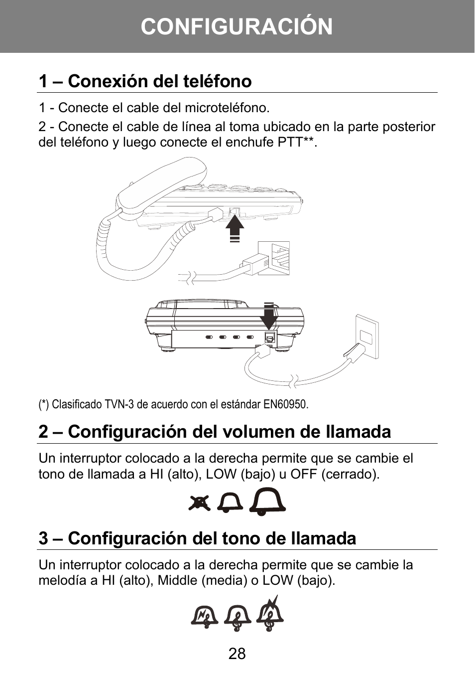 Configuración, 1 – conexión del teléfono, 2 – configuración del volumen de llamada | 3 – configuración del tono de llamada | Geemarc AMPLI 100VM User Manual | Page 29 / 40