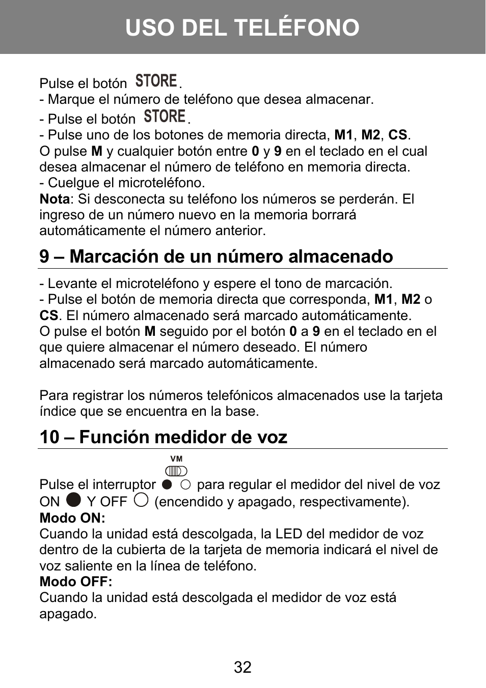 Uso del teléfono, 9 – marcación de un número almacenado, 10 – función medidor de voz | Geemarc AMPLI 100VM User Manual | Page 33 / 40