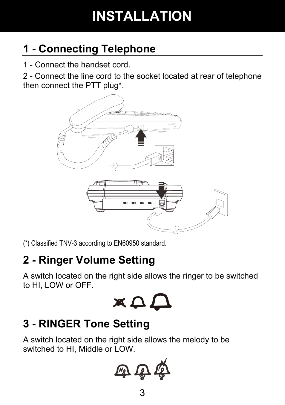 Installation, 1 - connecting telephone, 2 - ringer volume setting | 3 - ringer tone setting | Geemarc AMPLI 100VM User Manual | Page 4 / 40