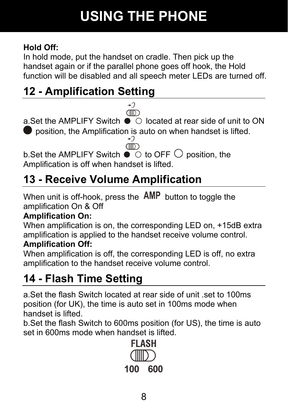 Using the phone, 12 - amplification setting, 13 - receive volume amplification | 14 - flash time setting | Geemarc AMPLI 100VM User Manual | Page 9 / 40
