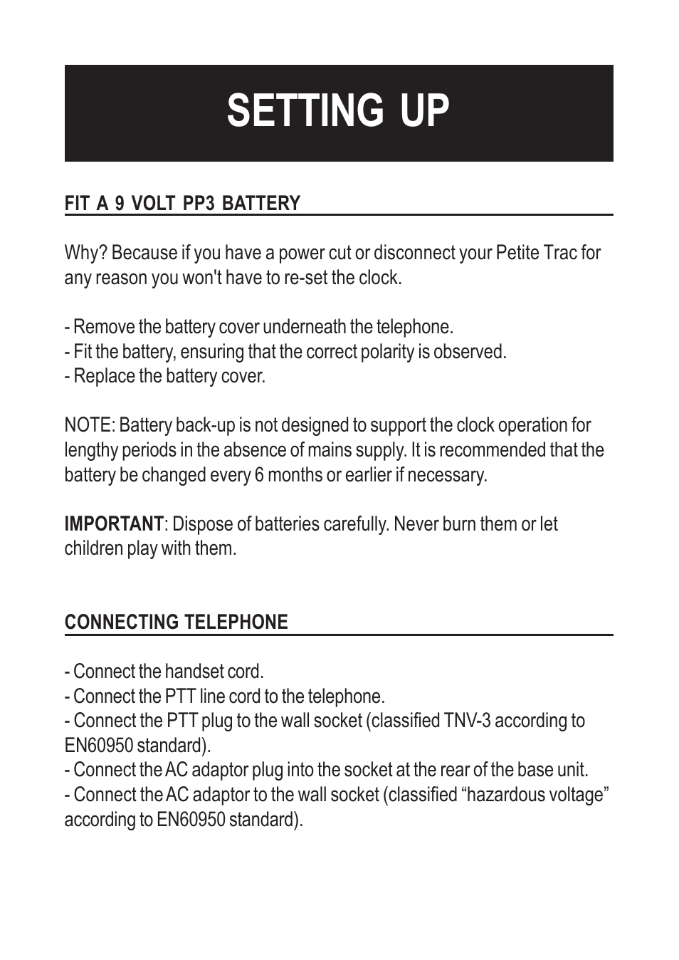 Setting up | Geemarc Petite Trac User Manual | Page 2 / 10