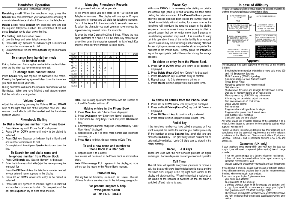 Approval, Handsfree operation | Geemarc Jupiter 3 User Manual | Page 2 / 2