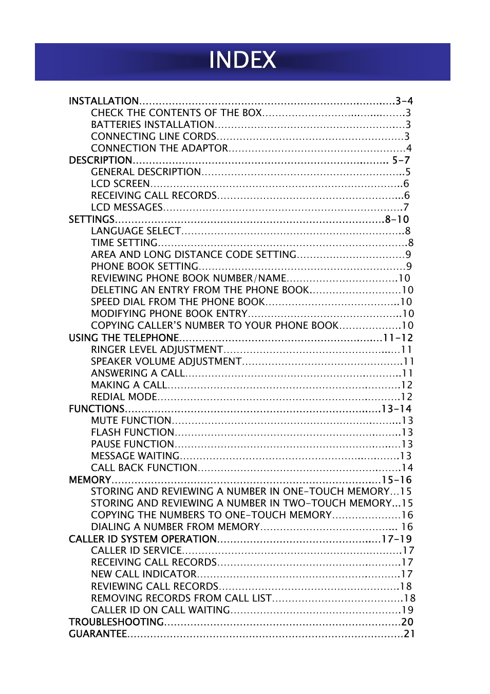 Index | Geemarc Jupiter 50 User Manual | Page 2 / 21