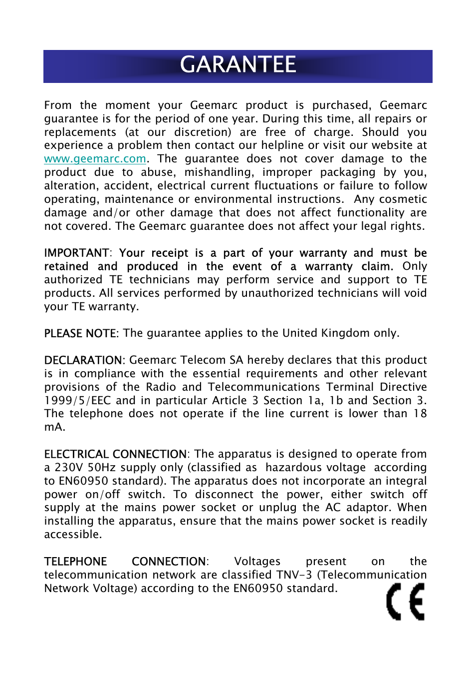 Garantee | Geemarc Jupiter 50 User Manual | Page 21 / 21