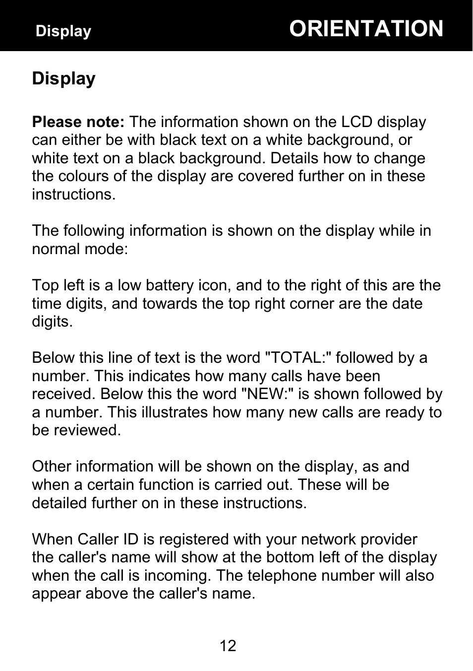 Display, Orientation | Geemarc BDP400 User Manual | Page 13 / 49