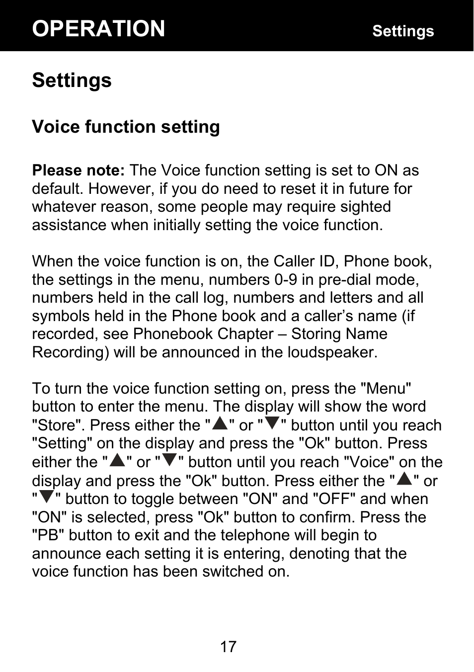 Settings, Voice function setting, Operation | Geemarc BDP400 User Manual | Page 18 / 49