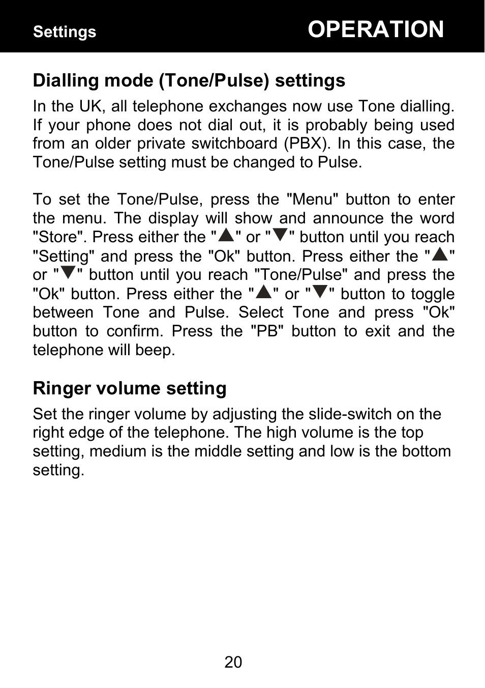 Dialling mode (tone/pulse) settings, Ringer volume setting, Operation | Geemarc BDP400 User Manual | Page 21 / 49