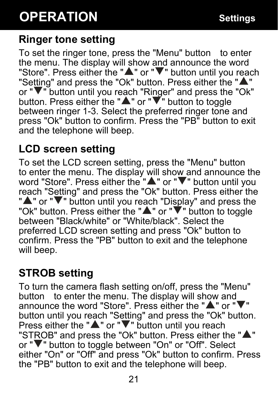 Ringer tone setting, Lcd screen setting, Strob setting | Operation | Geemarc BDP400 User Manual | Page 22 / 49