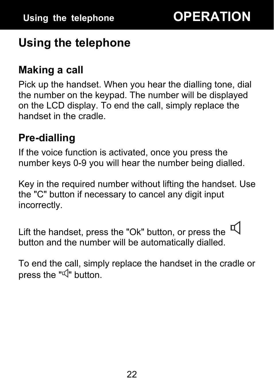 Using the telephone, Making a call, Pre-dialling | Operation | Geemarc BDP400 User Manual | Page 23 / 49