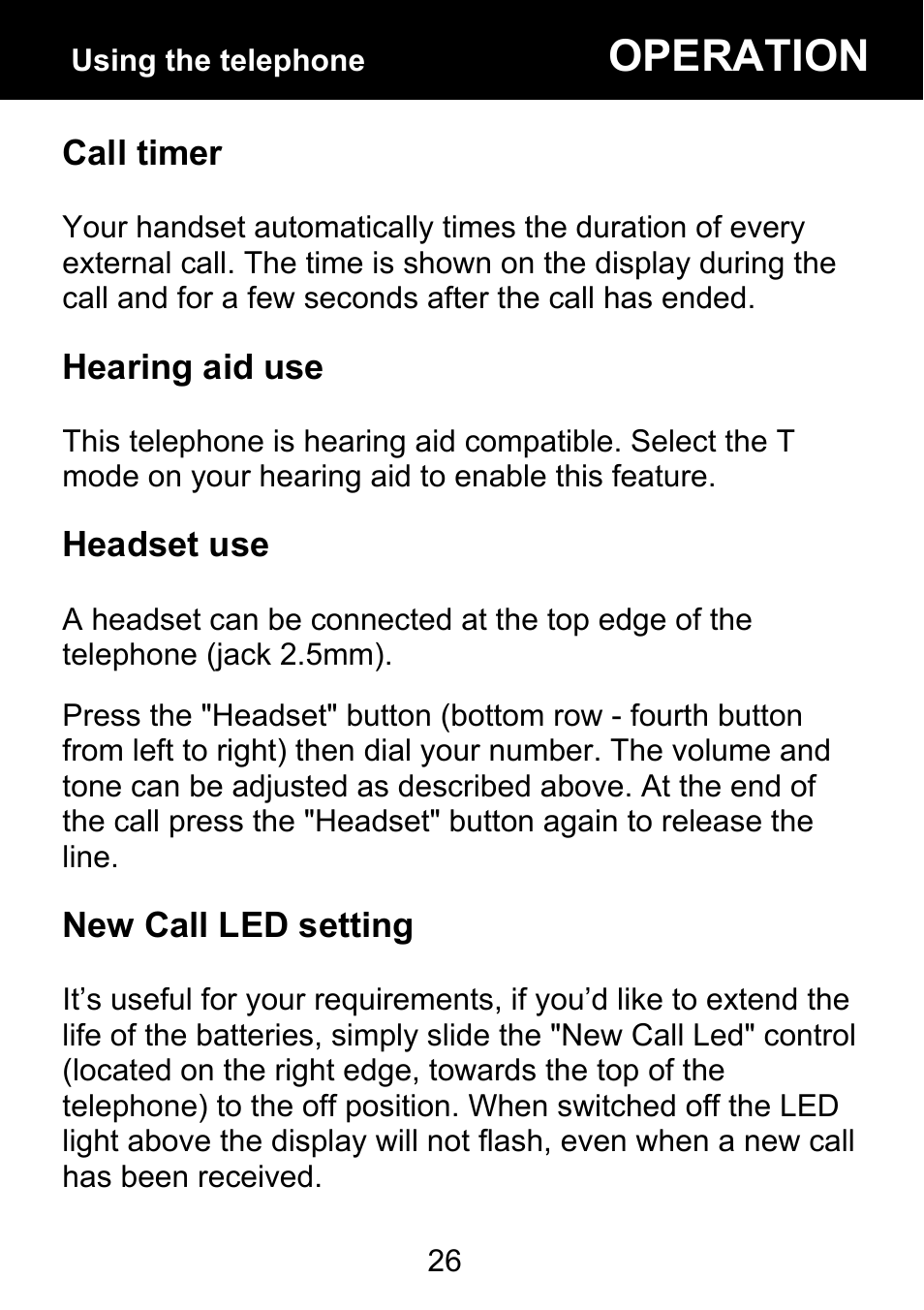 Call timer, Hearing aid use, Headset use | New call led setting, Operation | Geemarc BDP400 User Manual | Page 27 / 49