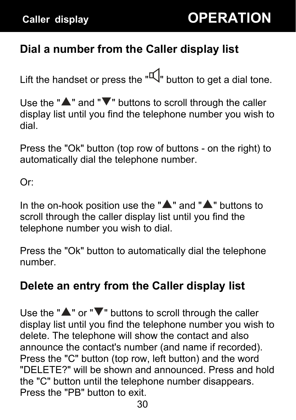 Dial a number from the caller display list, Delete an entry from the caller display list, Operation | Geemarc BDP400 User Manual | Page 31 / 49