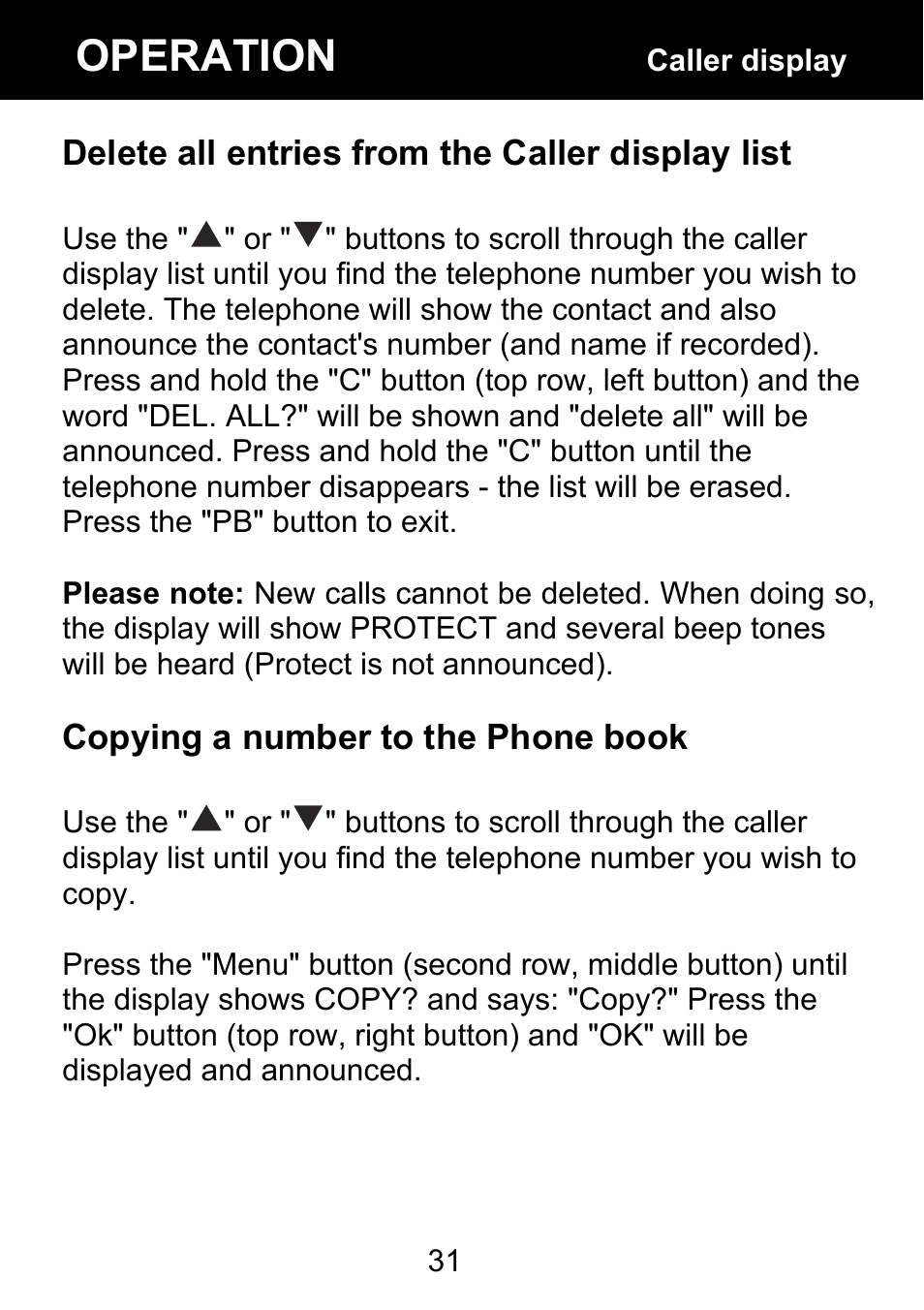 Delete all entries from the caller display list, Copying a number to the phone book, Operation | Geemarc BDP400 User Manual | Page 32 / 49