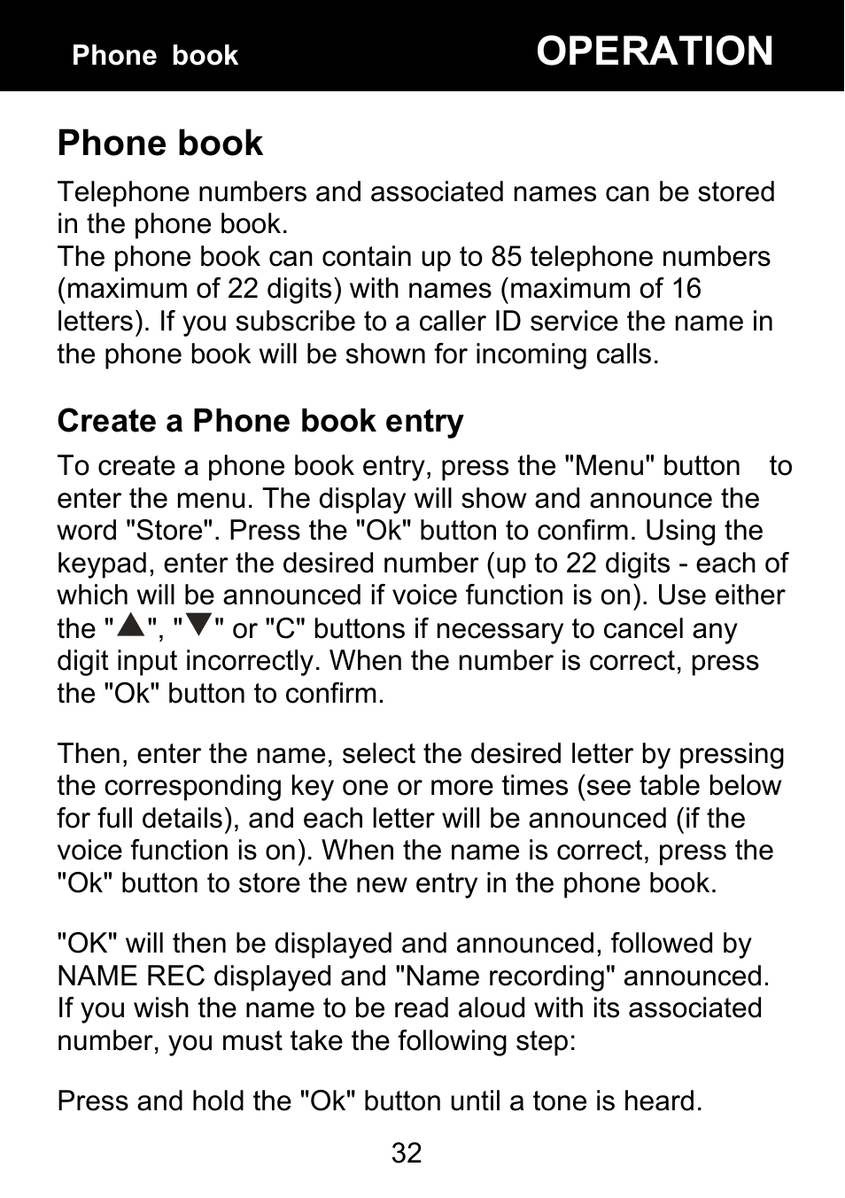 Phone book, Create a phone book entry, Operation | Geemarc BDP400 User Manual | Page 33 / 49