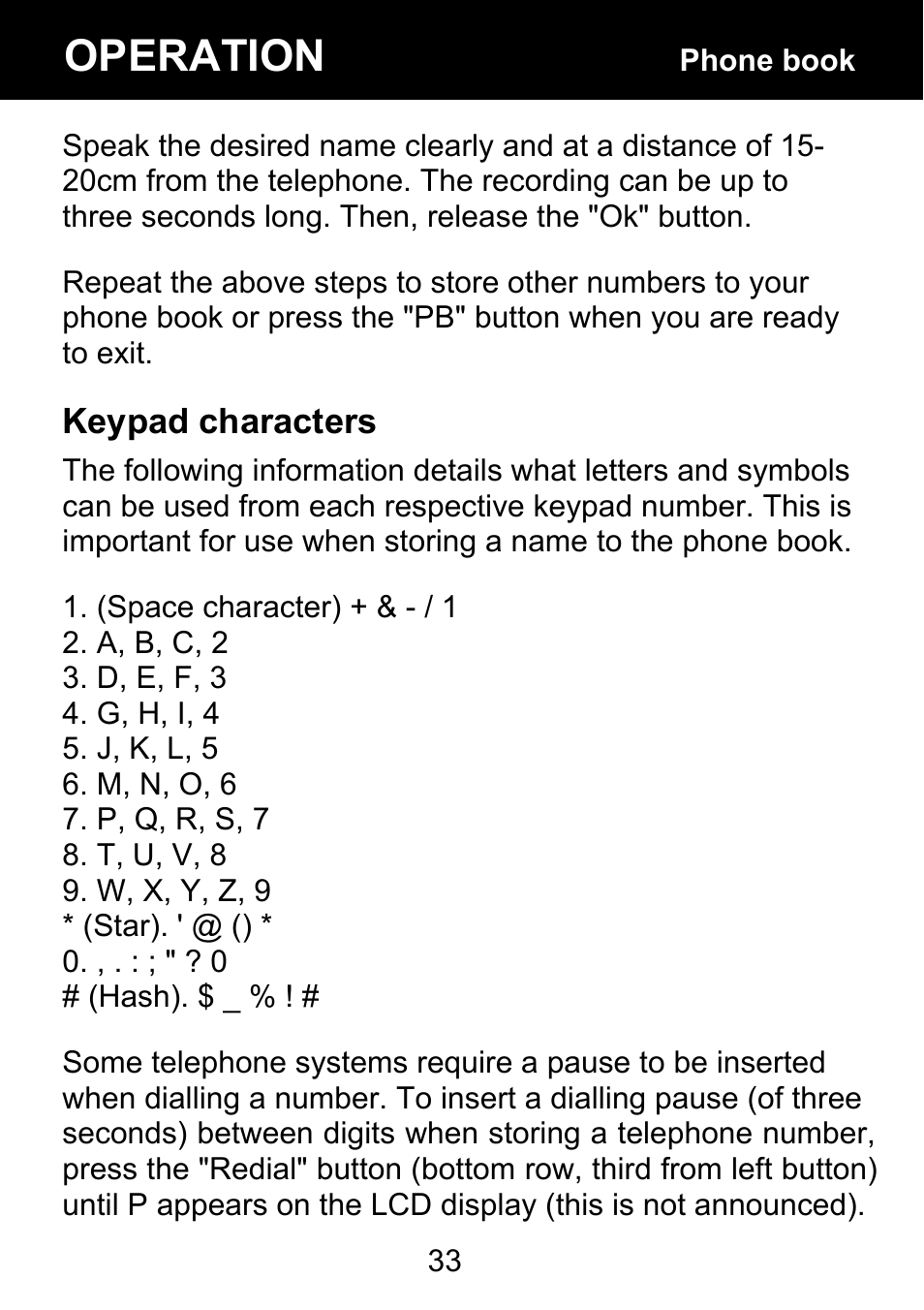 Keypad characters, Operation | Geemarc BDP400 User Manual | Page 34 / 49