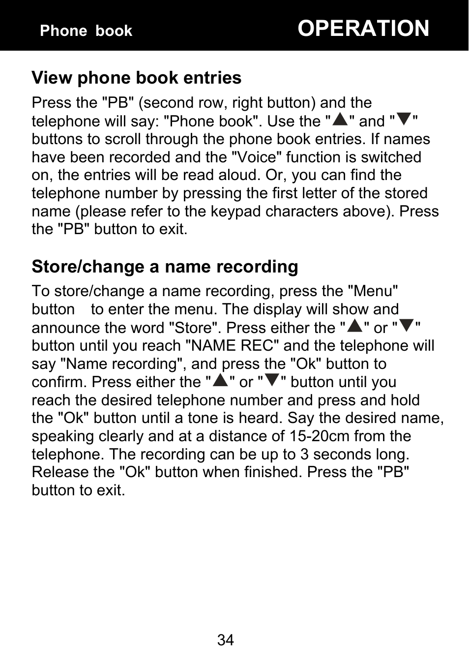 View phone book entries, Store/change a name recording, Operation | Geemarc BDP400 User Manual | Page 35 / 49