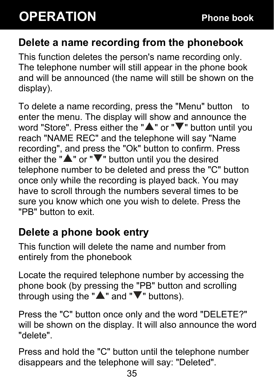 Delete a name recording from the phonebook, Delete a phone book entry, Operation | Geemarc BDP400 User Manual | Page 36 / 49