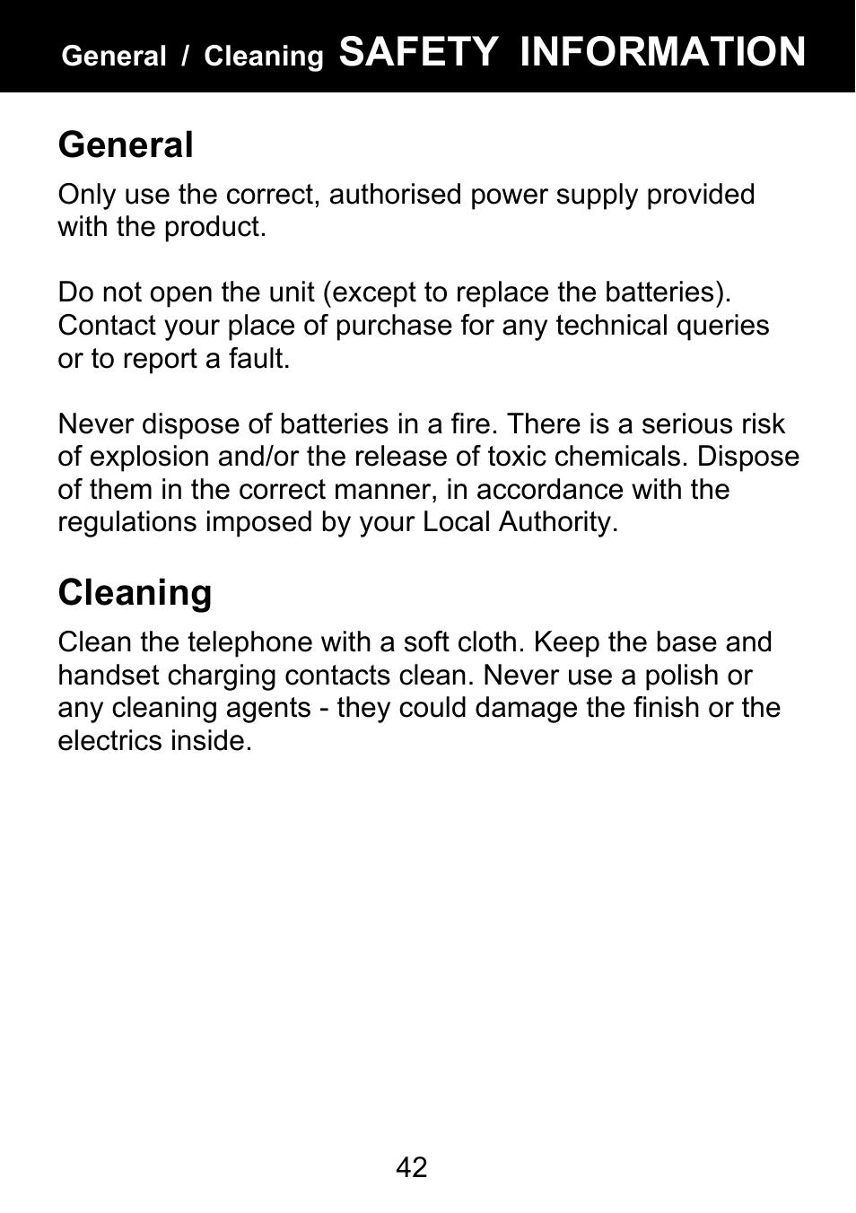 General, Cleaning, Safety information | Geemarc BDP400 User Manual | Page 43 / 49