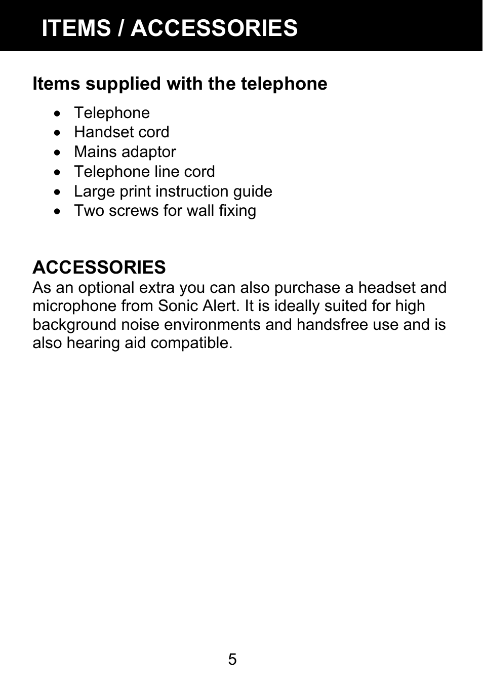 Items supplied with the telephone, Items / accessories | Geemarc BDP400 User Manual | Page 6 / 49