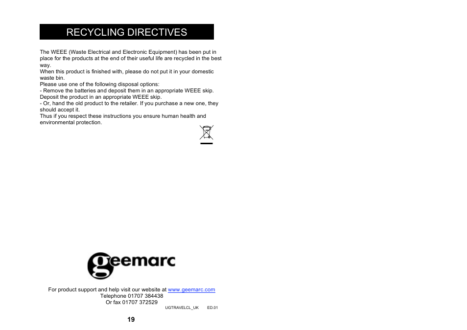 Recycling directives | Geemarc TravelClock User Manual | Page 11 / 11