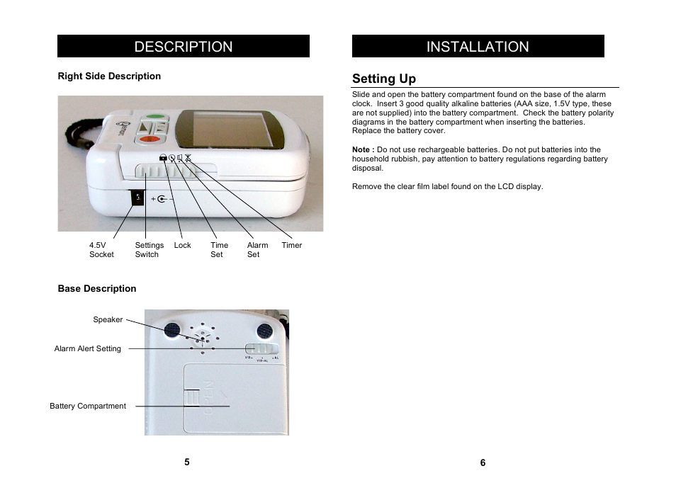 Installation, Description, Setting up | Geemarc TravelClock User Manual | Page 4 / 11