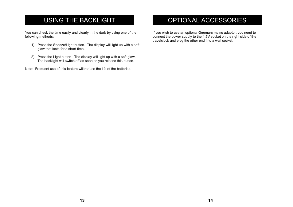 Using the backlight optional accessories | Geemarc TravelClock User Manual | Page 8 / 11
