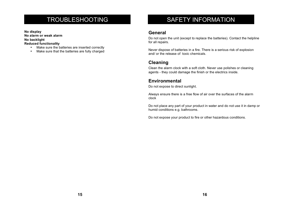 Safety information troubleshooting | Geemarc TravelClock User Manual | Page 9 / 11