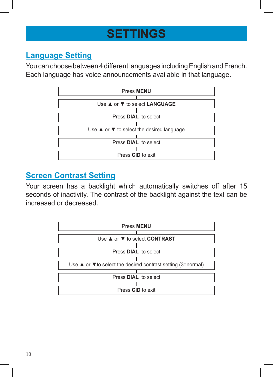 Settings, Language setting, Screen contrast setting | Geemarc AMPLIVOICE50 User Manual | Page 10 / 31