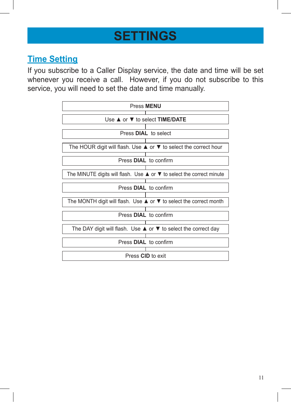 Settings, Time setting | Geemarc AMPLIVOICE50 User Manual | Page 11 / 31