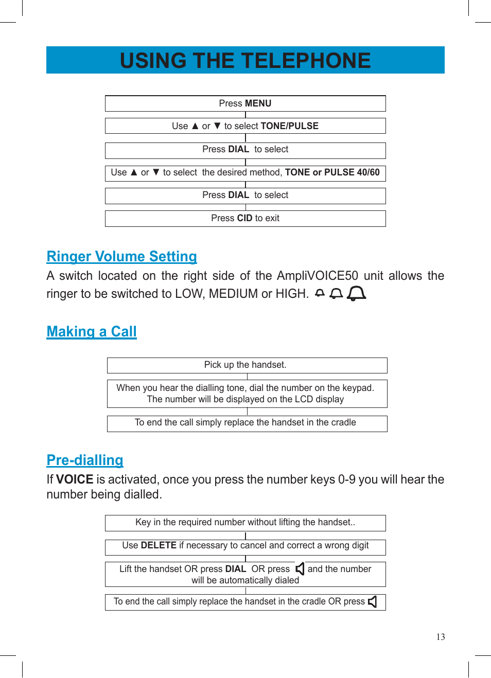 Using the telephone, Ringer volume setting, Making a call | Pre-dialling | Geemarc AMPLIVOICE50 User Manual | Page 13 / 31