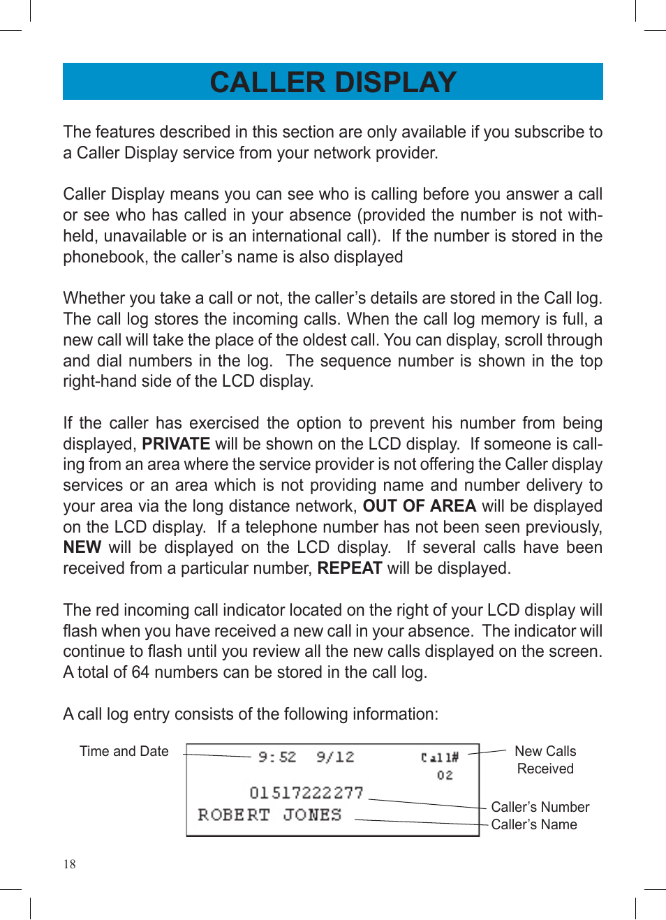 Caller display | Geemarc AMPLIVOICE50 User Manual | Page 18 / 31
