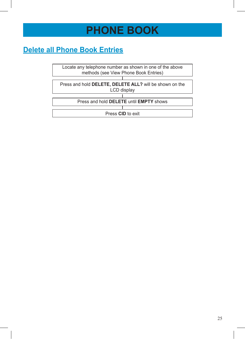 Phone book, Delete all phone book entries | Geemarc AMPLIVOICE50 User Manual | Page 25 / 31
