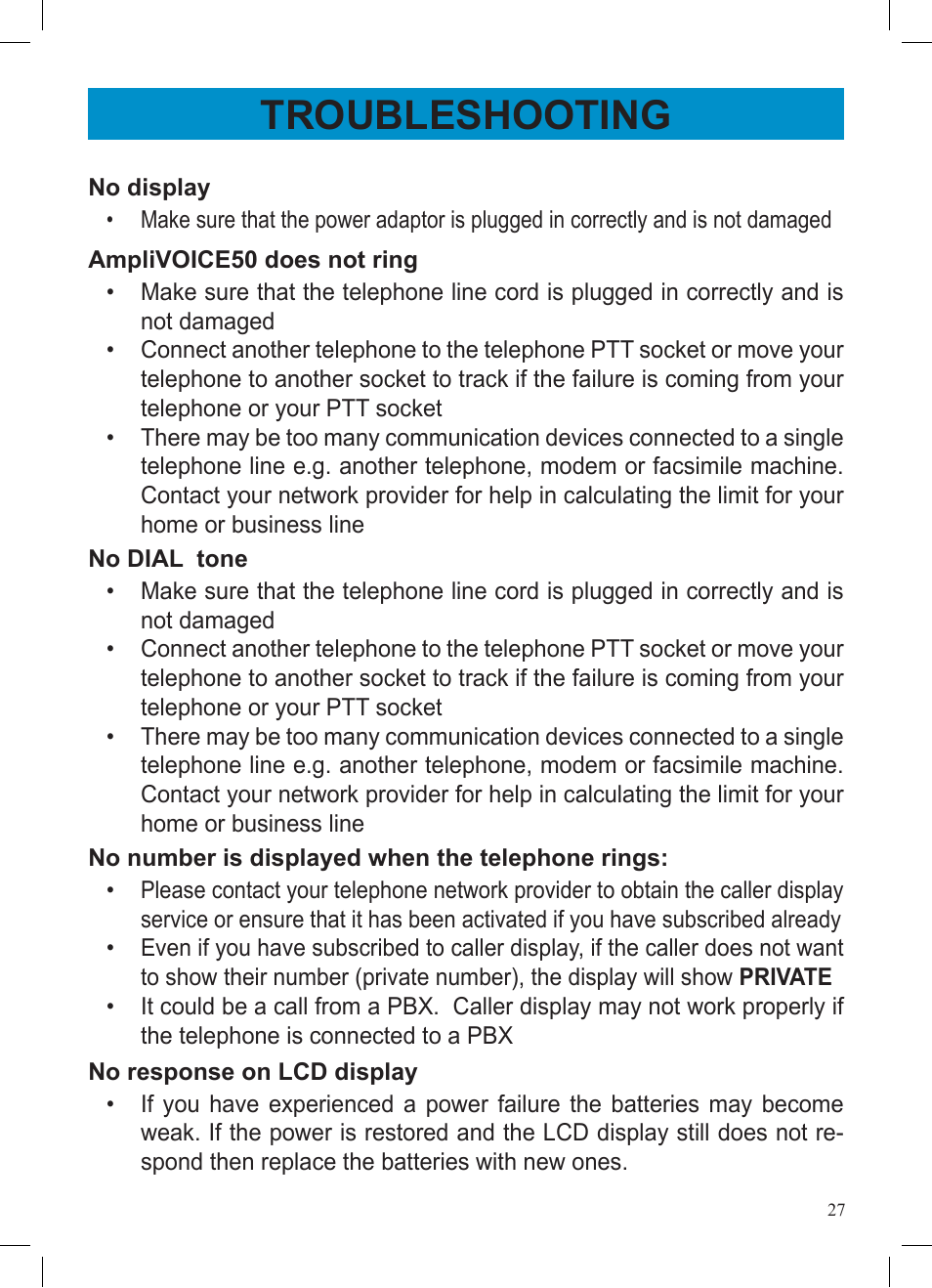 Troubleshooting | Geemarc AMPLIVOICE50 User Manual | Page 27 / 31
