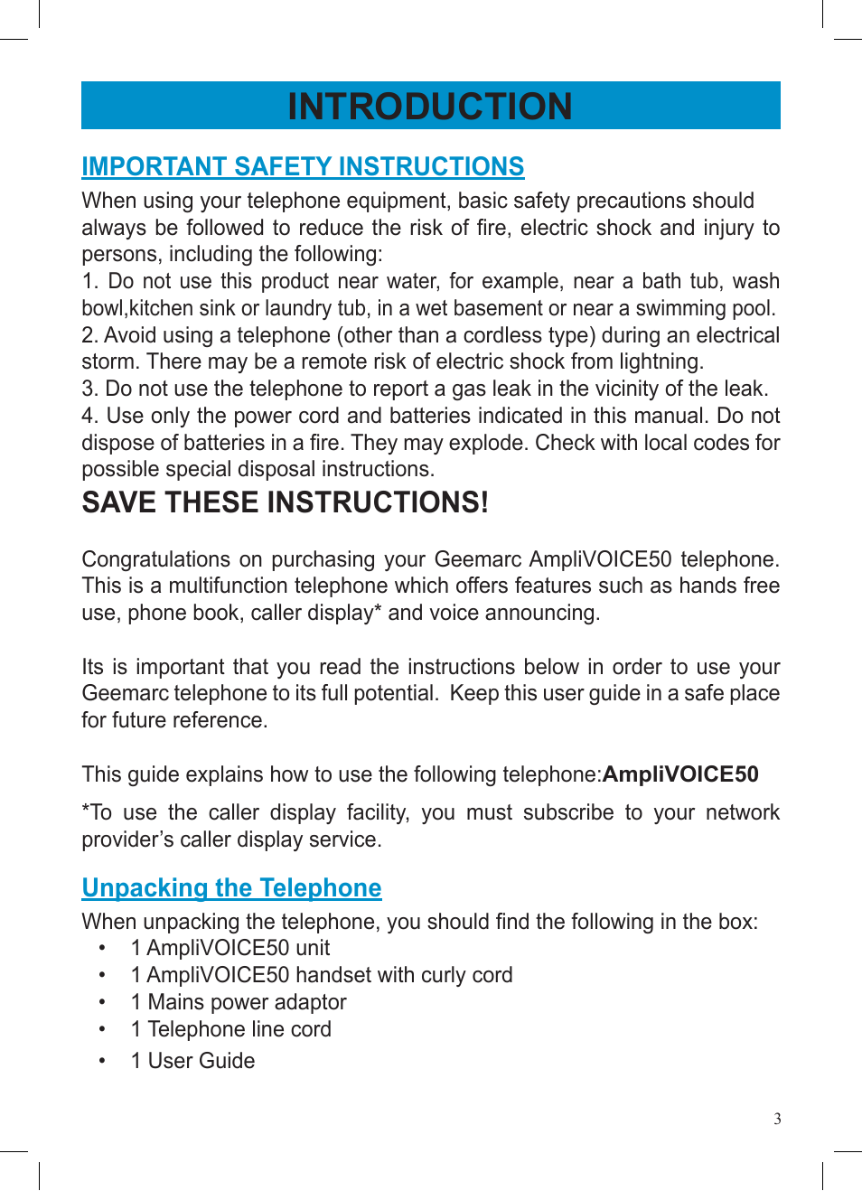 Introduction, Save these instructions | Geemarc AMPLIVOICE50 User Manual | Page 3 / 31