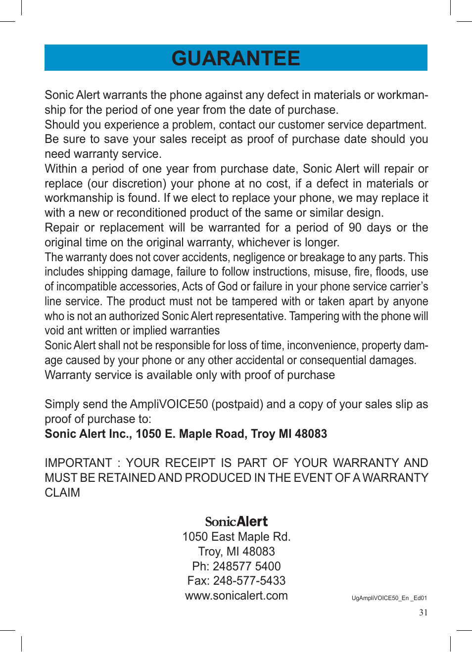 Guarantee | Geemarc AMPLIVOICE50 User Manual | Page 31 / 31