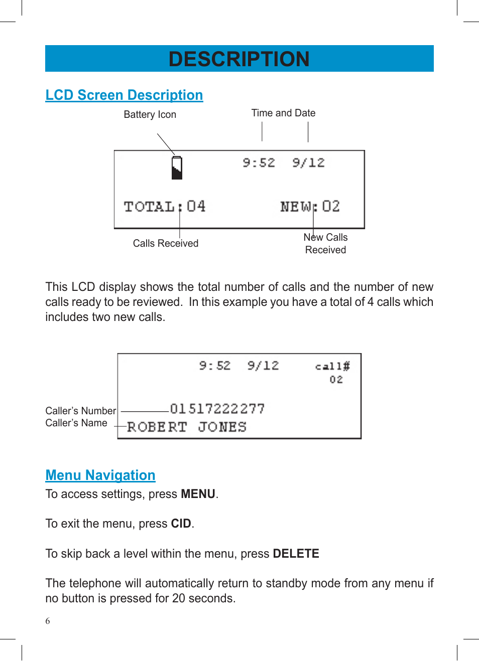 Description, Lcd screen description, Menu navigation | Geemarc AMPLIVOICE50 User Manual | Page 6 / 31