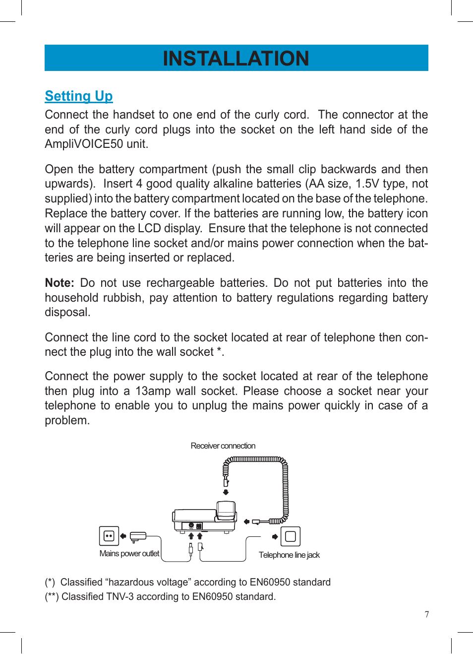 Installation, Setting up | Geemarc AMPLIVOICE50 User Manual | Page 7 / 31