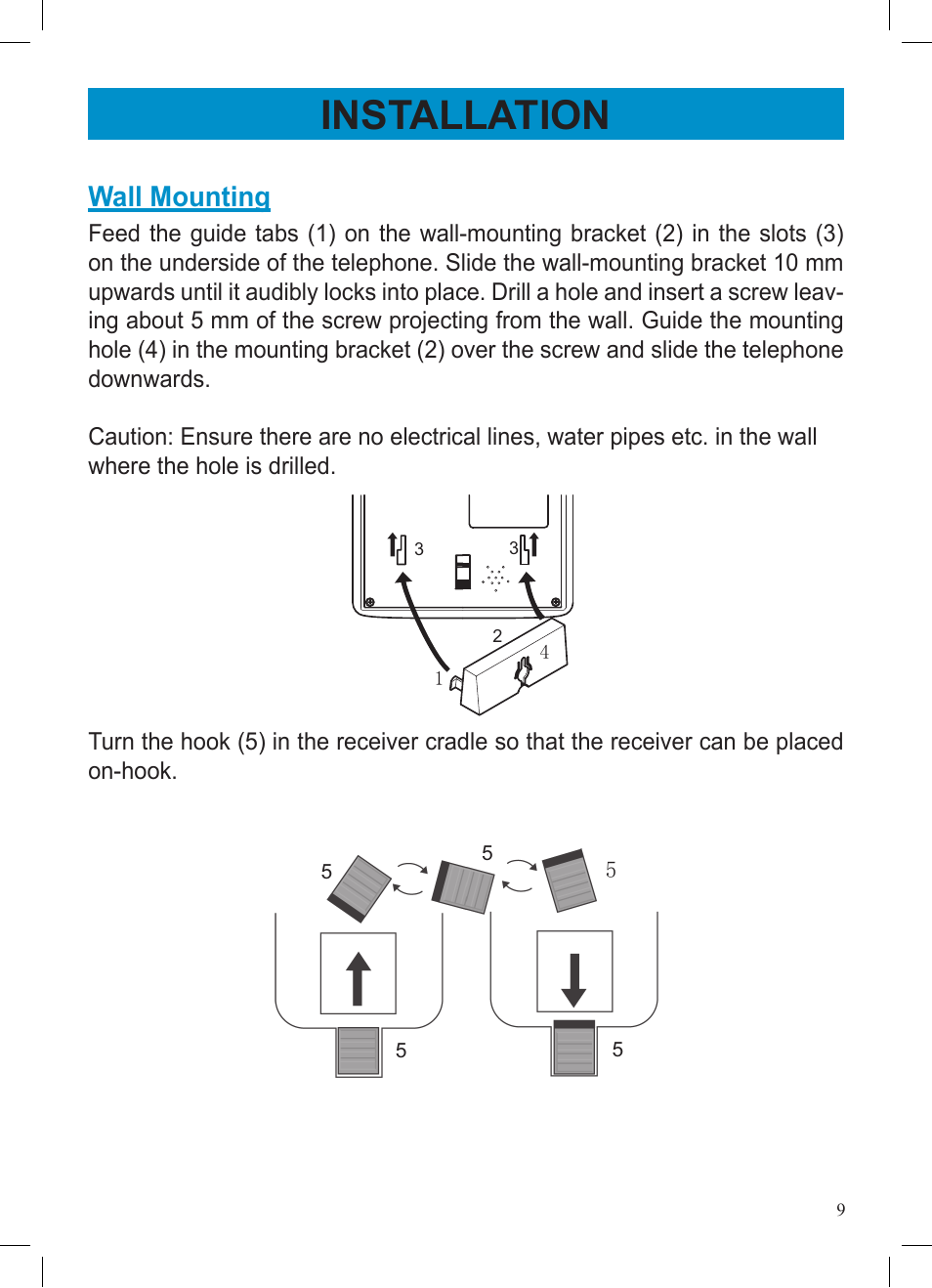 Installation, Wall mounting | Geemarc AMPLIVOICE50 User Manual | Page 9 / 31