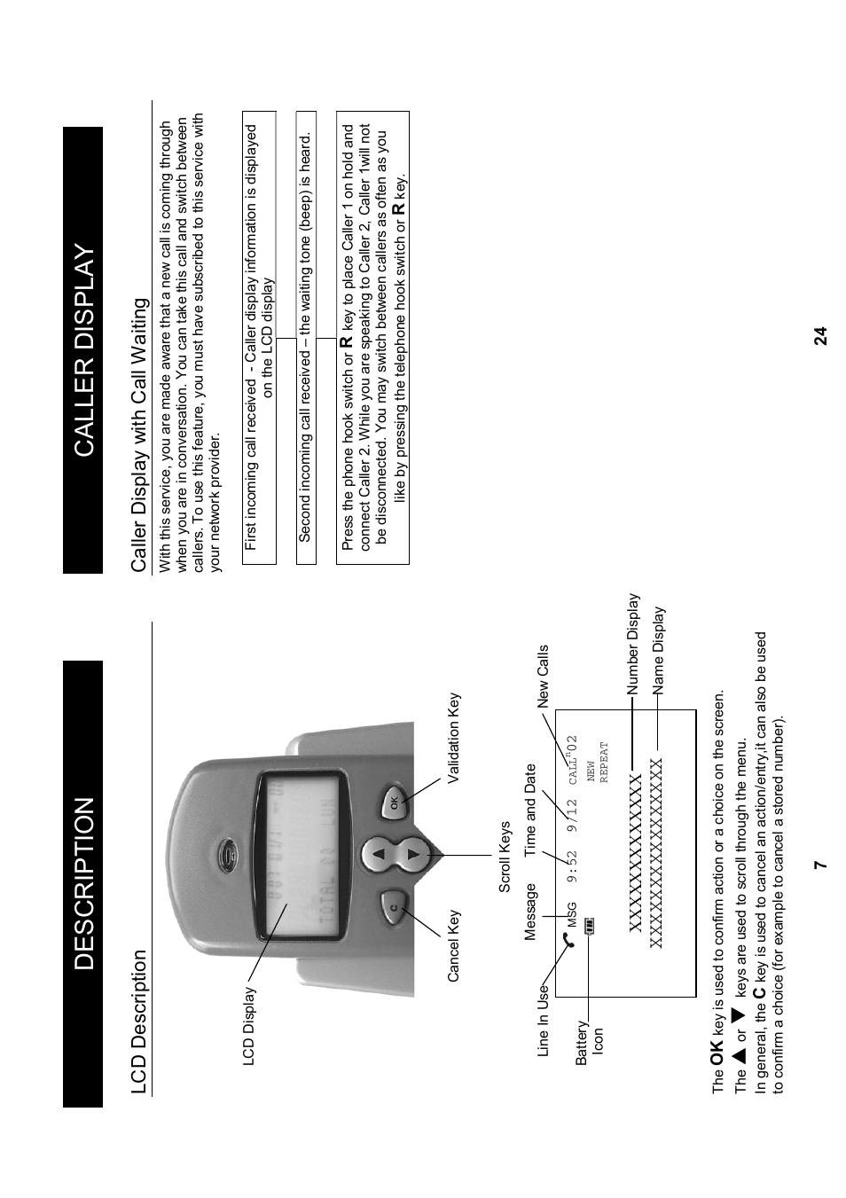 Descript ion, Lcd de scr ip tio n, Ca lle r disp la y w ith ca ll w aitin g | Geemarc Madrid User Manual | Page 8 / 16