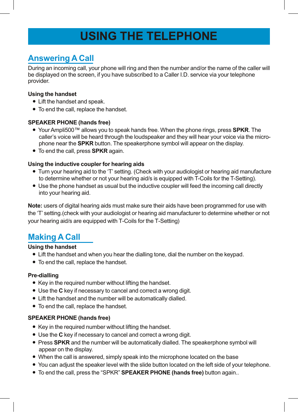 Using the telephone, Answering a call making a call | Geemarc 500 User Manual | Page 16 / 32
