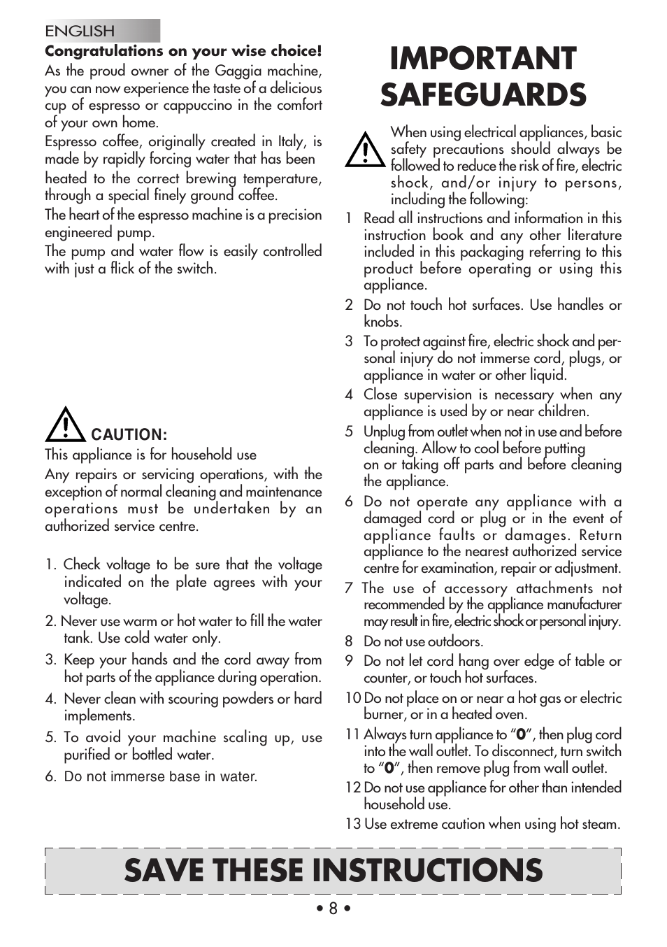 Save these instructions important safeguards | Gaggia Machine Baby Dosata User Manual | Page 12 / 53