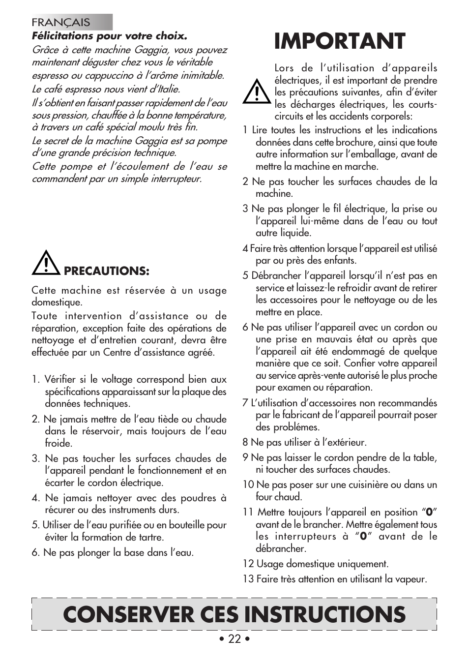 Important, Conserver ces instructions | Gaggia Machine Baby Dosata User Manual | Page 26 / 53